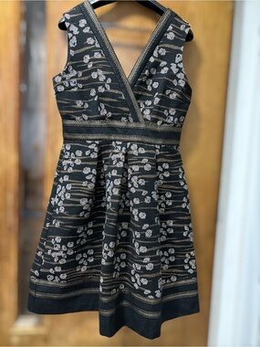 Maison 123 Paris Made in France Floral Metallic V-Neck Fit & Flare Dress 42 12